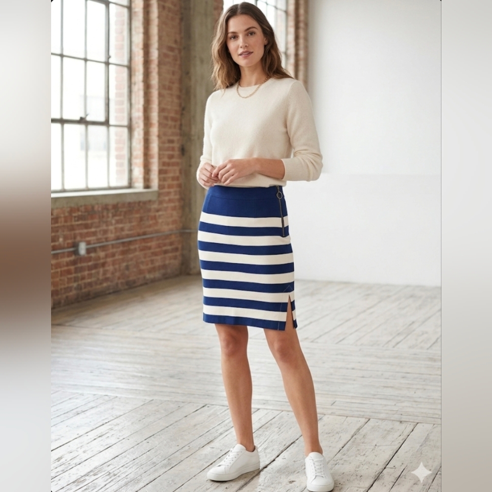 Banana Republic Ponte Knit Pencil Skirt 0P Blue Stripe Stretch Nautical Rugby